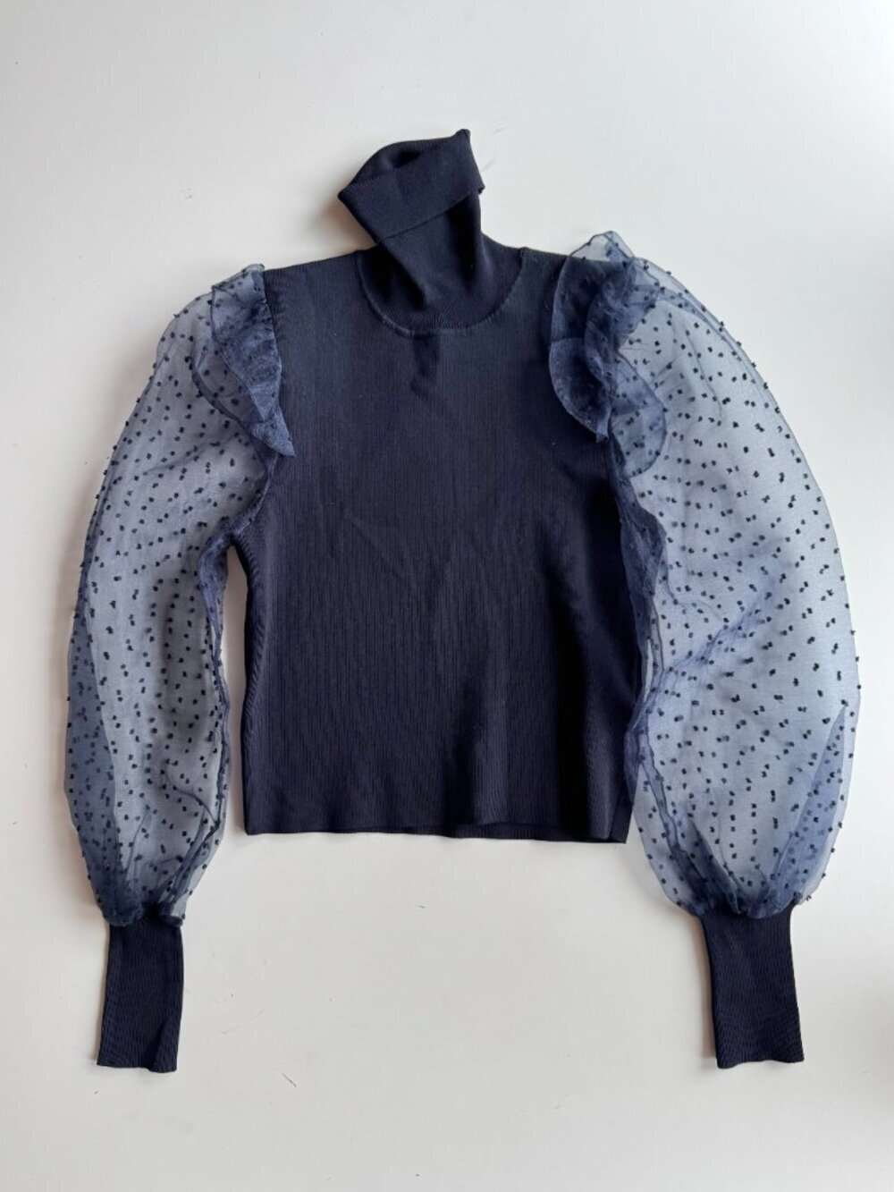 NWT ZARA Navy Blue Ribbed Knit Flocked Dot Organza Puff Sleeve Top, Size S - Picture 9 of 16